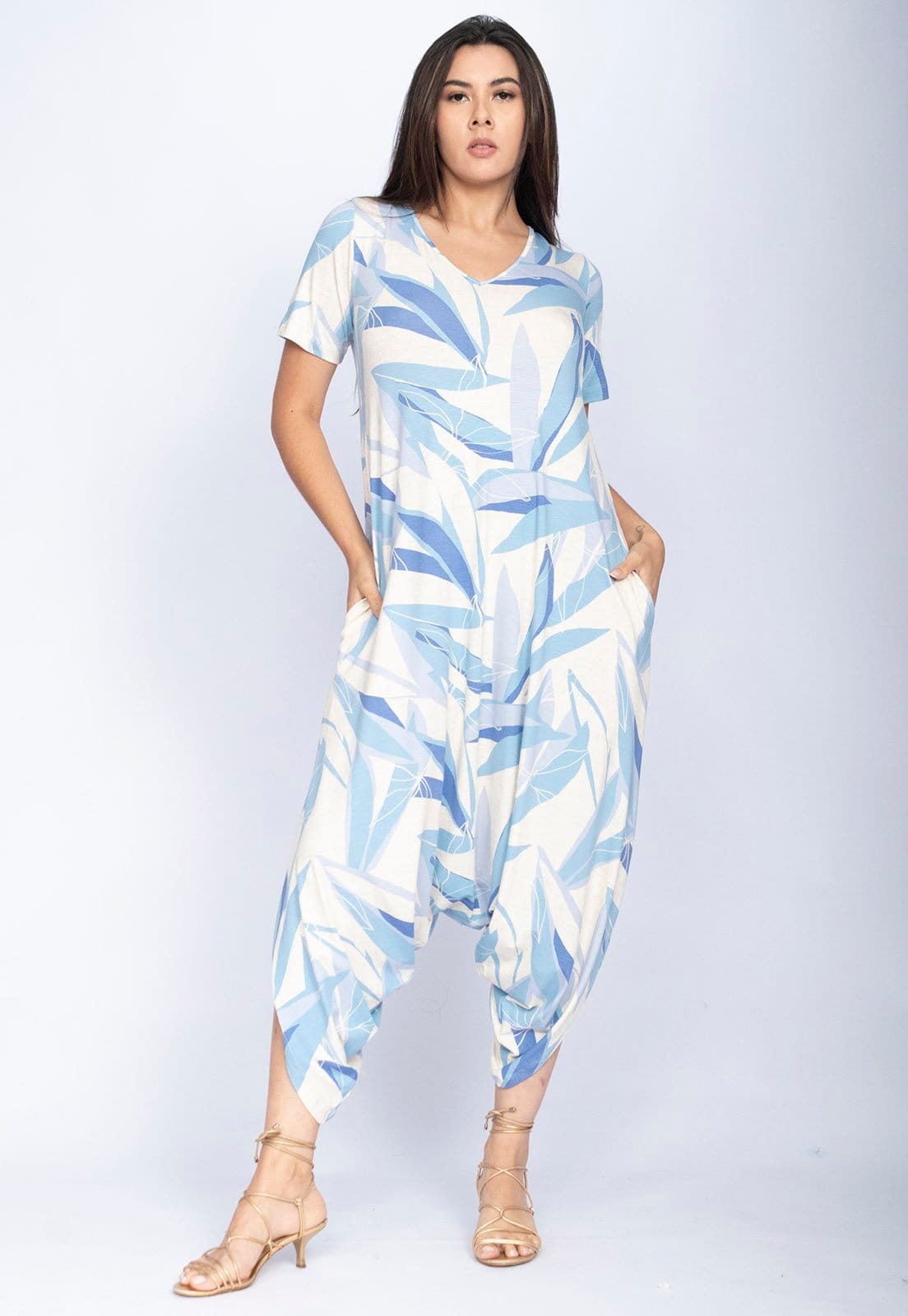 Macacão CabanaFree Saruel Malha Pantacourt Grumari com Manga Estampa Verde Selvagem Blue