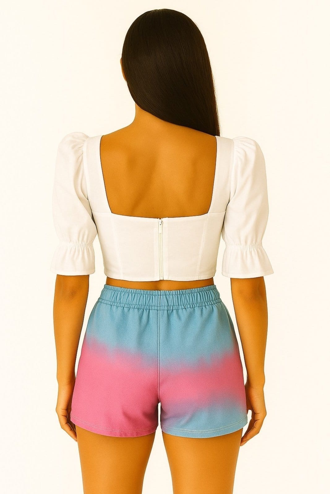 Vista 2 Shorts Feminino Tie-Dye e Rosa Cintura Elástica e Laço Summer Body azul/rosa azul