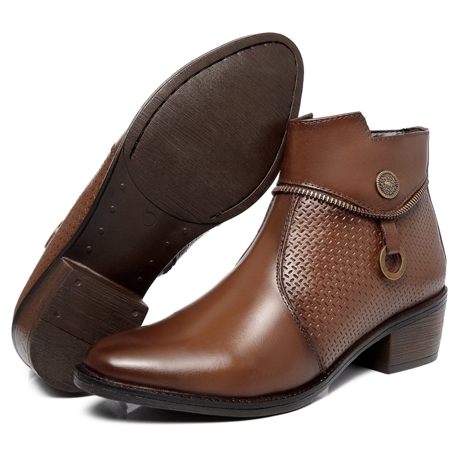 Vista 2 Bota Cano Curto Feminina Ferrile em Couro Salto Bloco Ziper Ferrile café