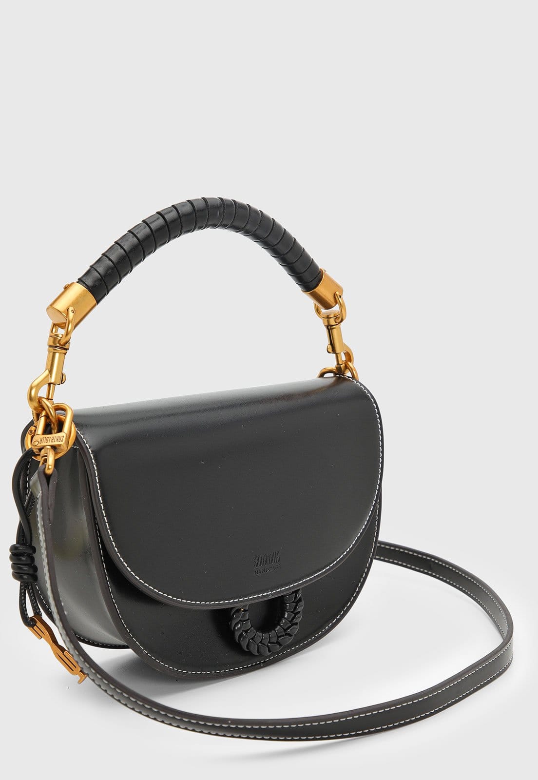 Vista 2 Bolsa Média Santa Lolla Preta Estruturada Alça Trançada Metais Dourados Santa Lolla preto