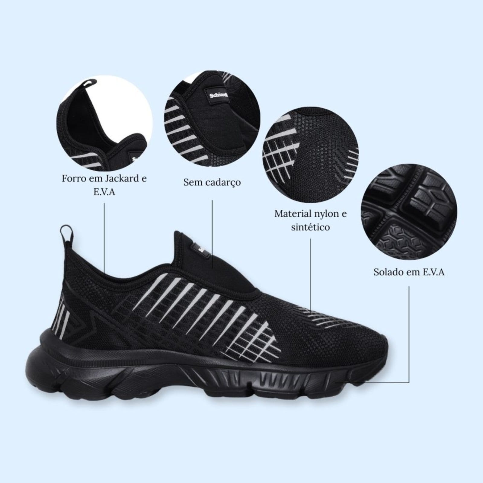 Vista 2 Tênis Masculino Esportivo Academia Caminhada Macio Leve Confortável Sch 545 Sola Preta Schiareli preto