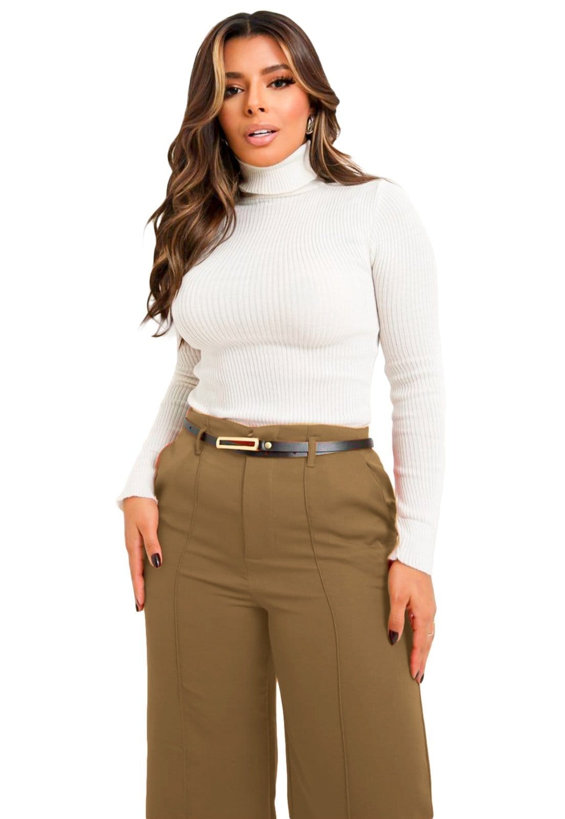 Vista 2 Calça YWC ind Feminina de Alfaiataria: Pantalona Flare com Cinto Moda Feminina Elegante Verde Militar YWC ind cáqui verde