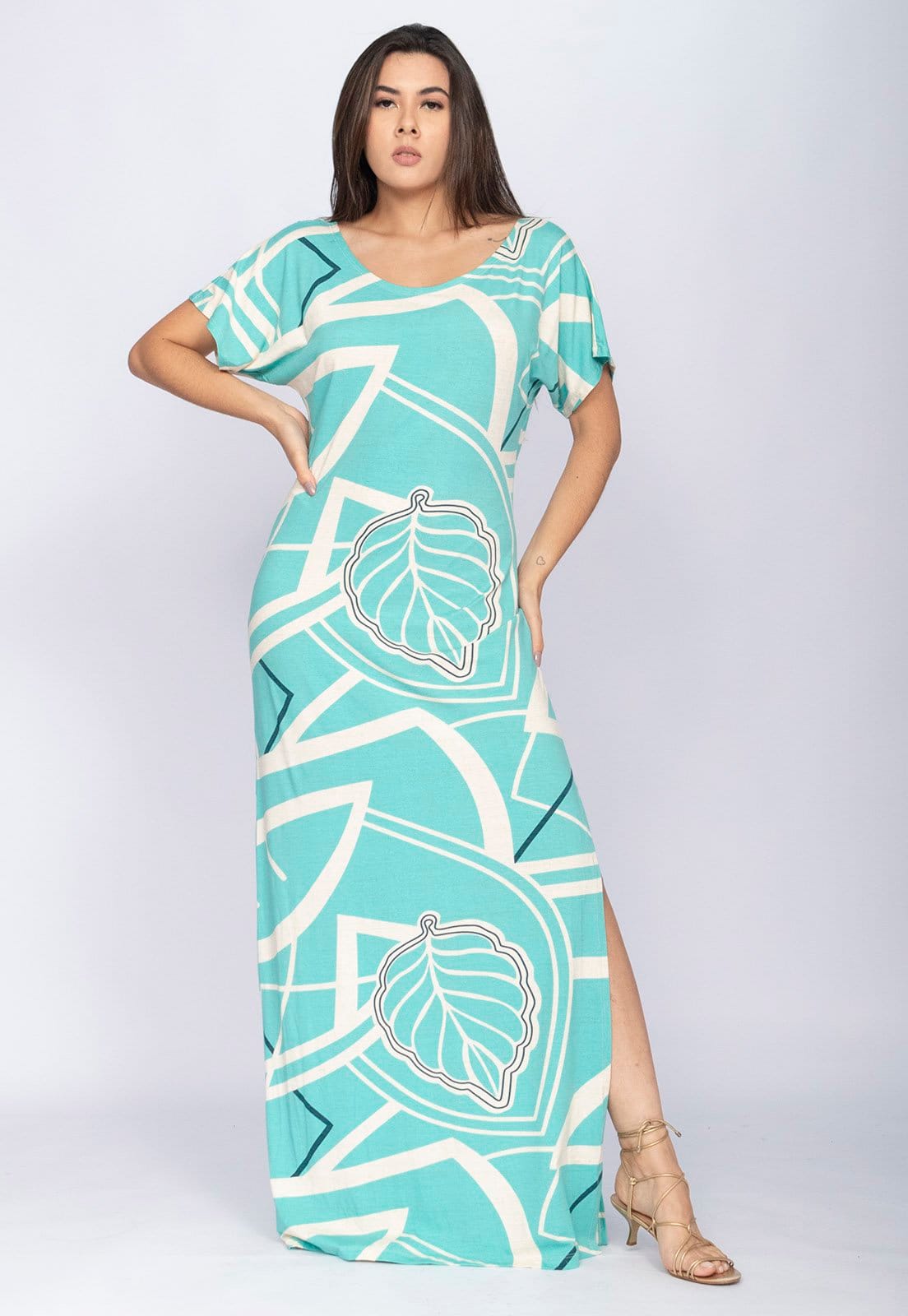 Vista principal Vestido CabanaFree Longo Malha Fenda na Lateral Estampa Aqua Flora Cabanafree azul/estampado aqua