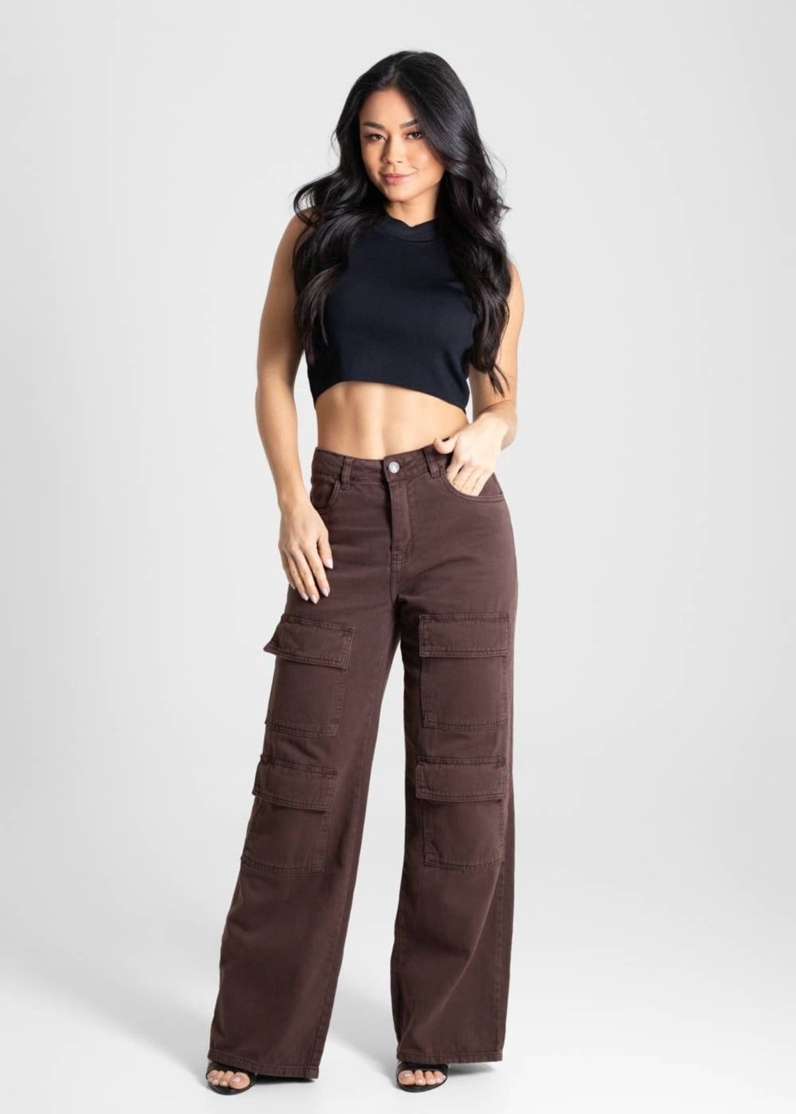 Vista 2 Calça Sarja Sawary Wide Leg - 280817 Sawary marrom