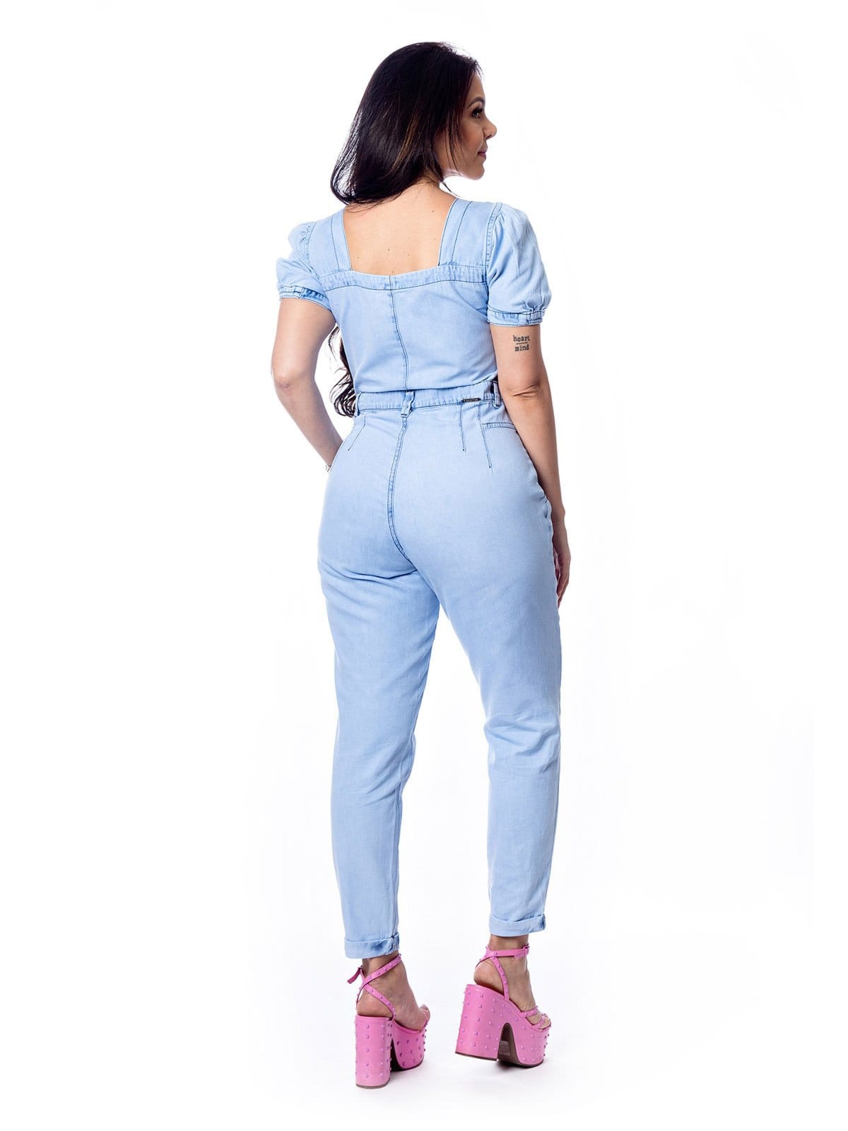 Vista 2 Macacão Slouchy Restrito Jeans Manga Princesa CLARO Restrito Jeans azul