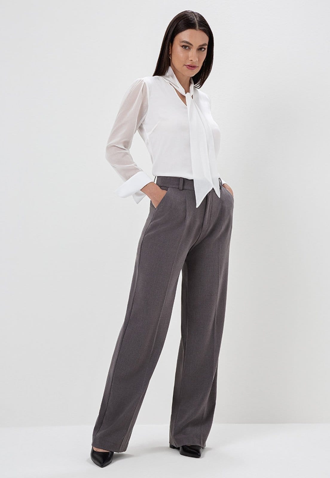 Calça Principessa Wide Leg de Alfaiataria Mescla Escuro Rosemara