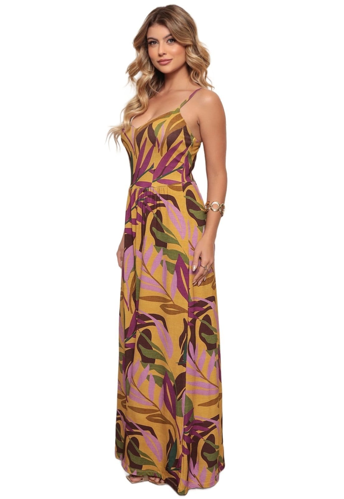 Vista 2 Vestido Longo Casual Alcinha Dellamarca Estampa Total Mostarda Dellamarca amarelo/estampado/ouro velho