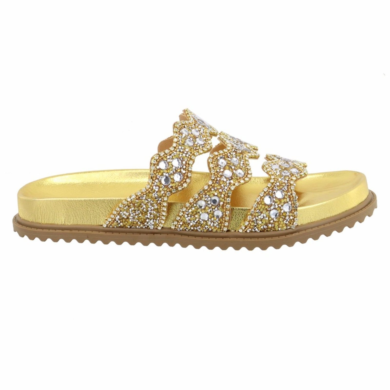 Vista 2 Papete Rasteira Feminina Paula B Em Pedraria Feita A Mão Com Tiras Onduladas Em Aplicações De Brilhos Strass Miçangas E Fivela Pamilha Confort PAULA B dourado