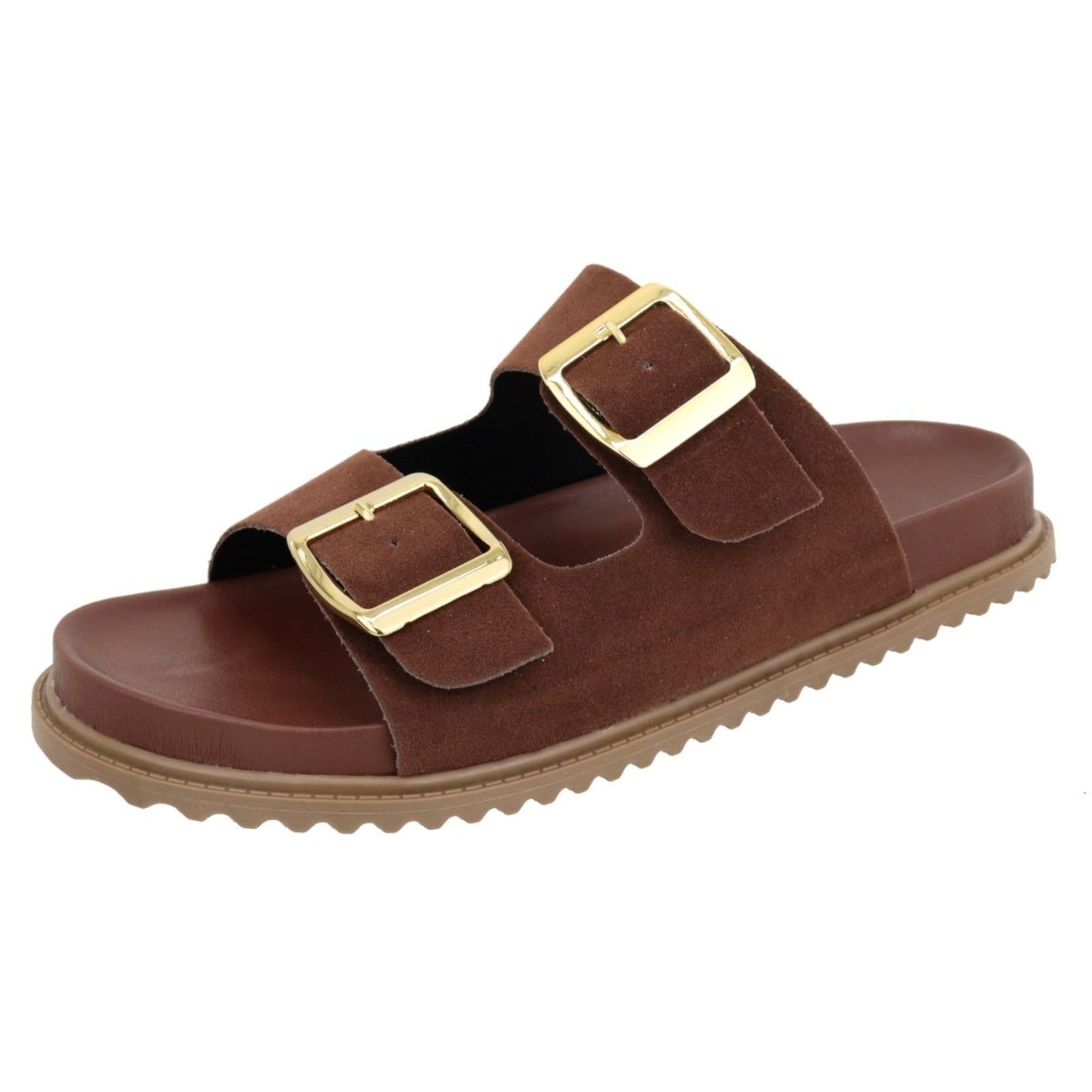 Vista principal Papete Rasteira Feminina Paula B Em Camurça Com Detalhe Em Fivela De Metal Dourado Palmilha Confort Terra PAULA B marrom