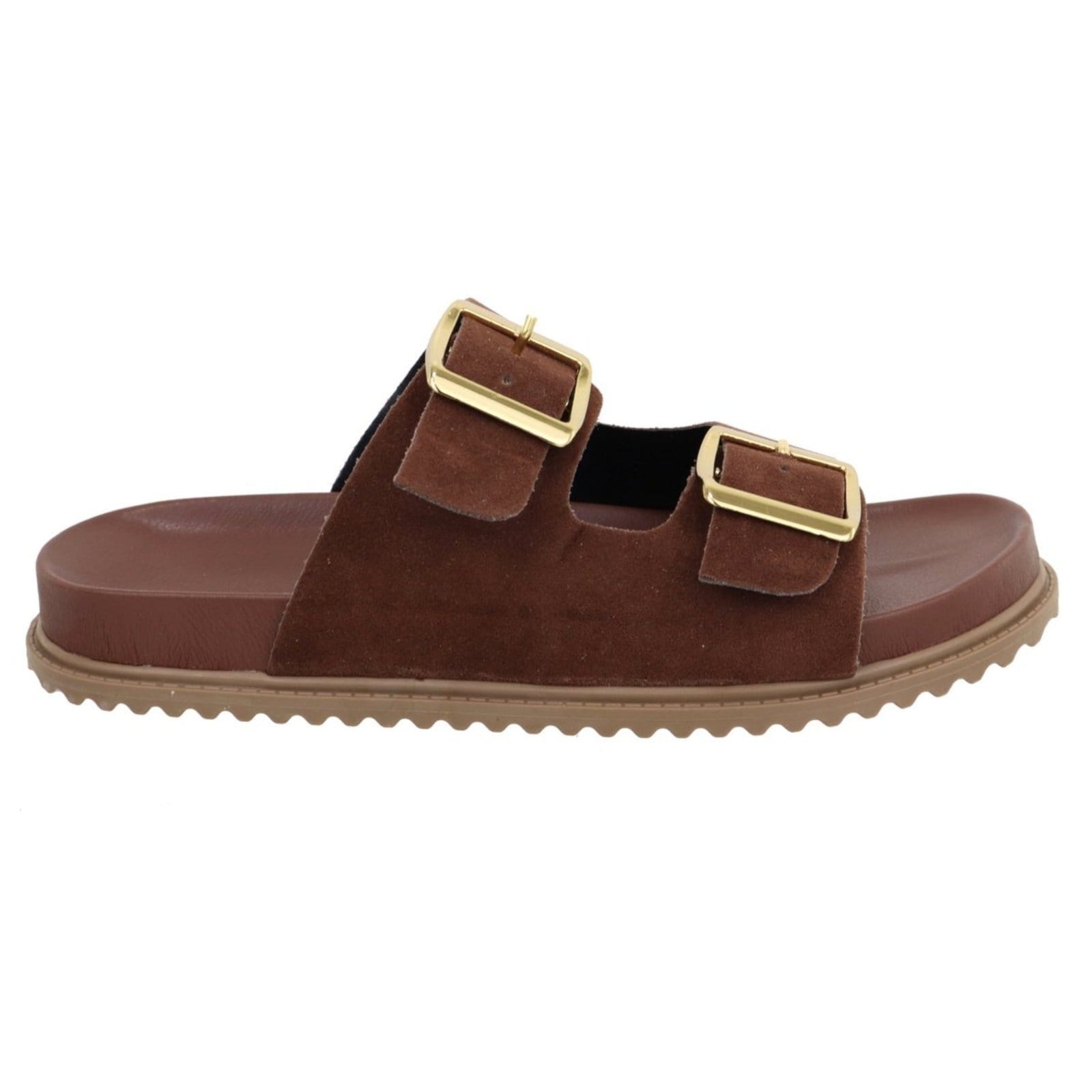 Vista 2 Papete Rasteira Feminina Paula B Em Camurça Com Detalhe Em Fivela De Metal Dourado Palmilha Confort Terra PAULA B marrom