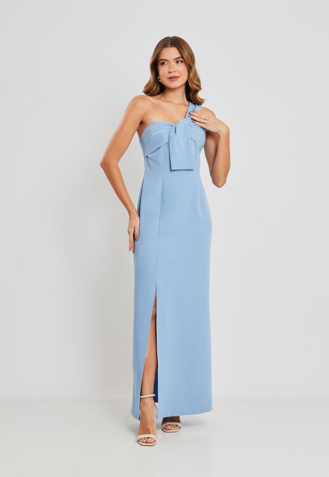 Vista principal Vestido Festa Crepe Longo Fenda Miss Joy 7833 Feminino MISS BY JOY azul