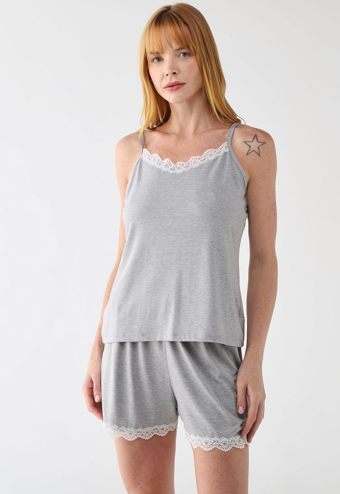 Vista principal Pijama Curto Feminino Malwee Renda Mescla Malwee cinza