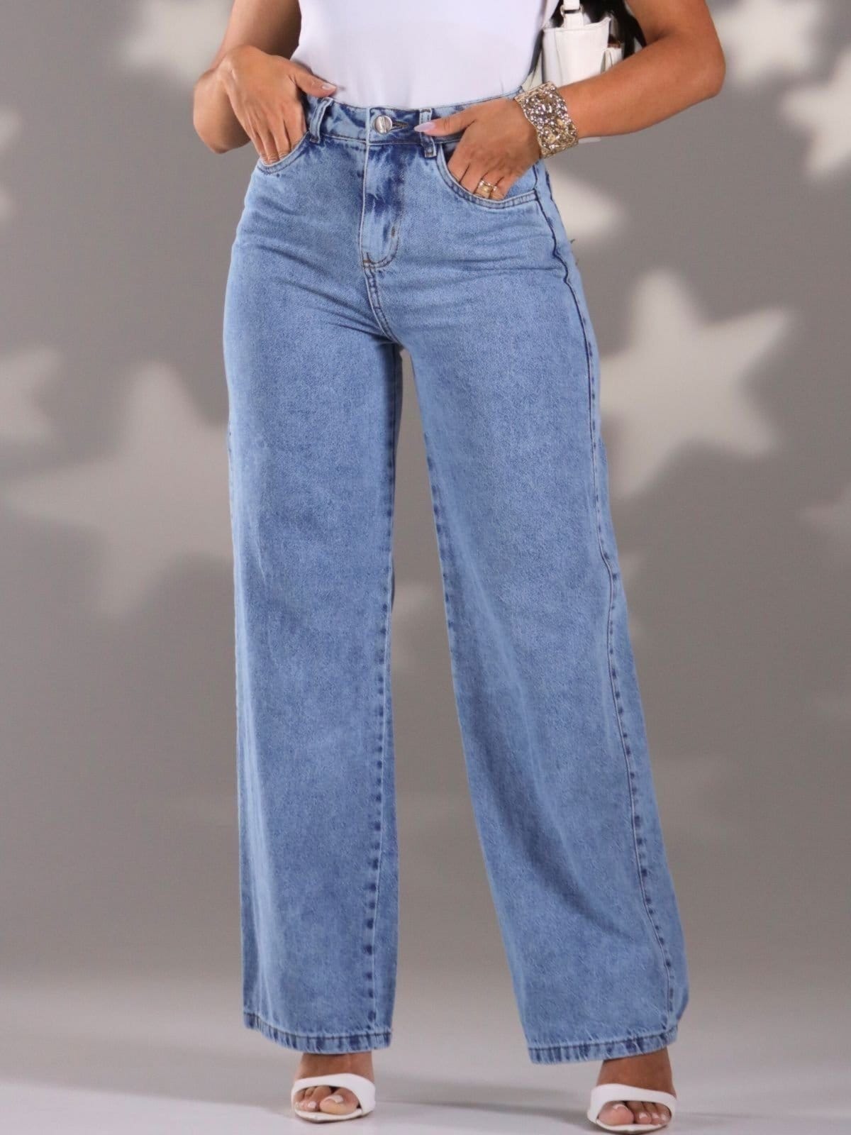 Vista 2 Calça Donna De Paula Wide Leg Jeans Claro Feminina Cintura Alta Donna de Paula azul