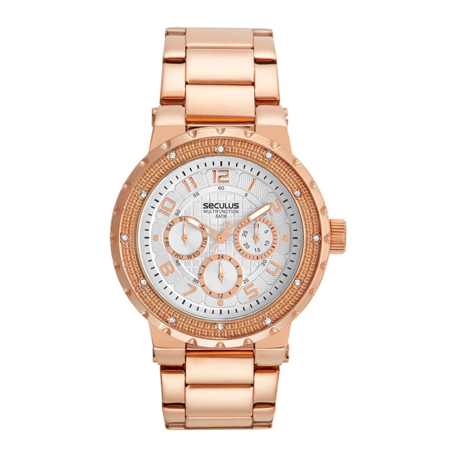 Relógio Seculus Feminino Multifunção Bisel Cristais Rose