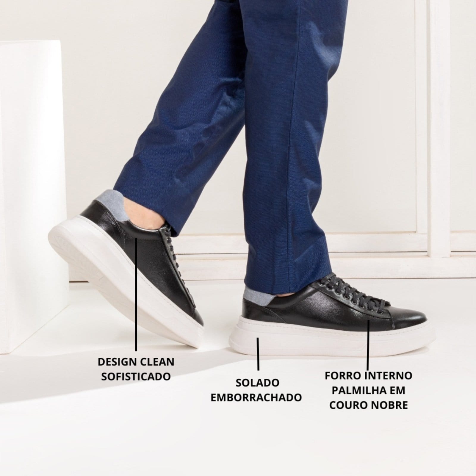 Vista 2 Tênis Sneaker Masculino Couro Legítimo Sola Alta Extremo Conforto Moderno super shoes preto