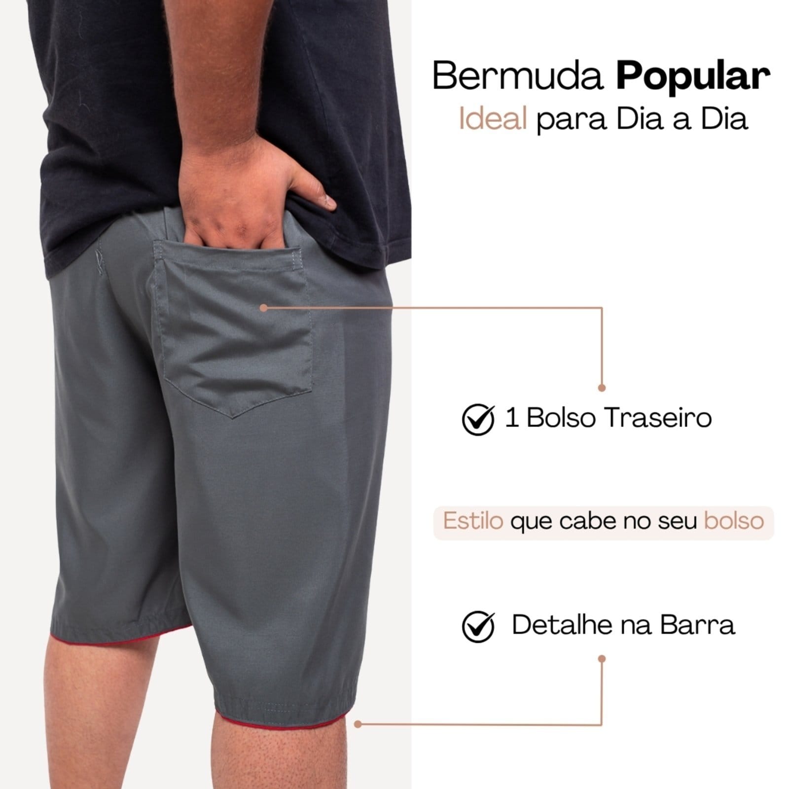 Vista 2 Bermuda Plus Size Frent's Tactel Esporte Detalhe na Barra Casual Frent's cinza/grafite