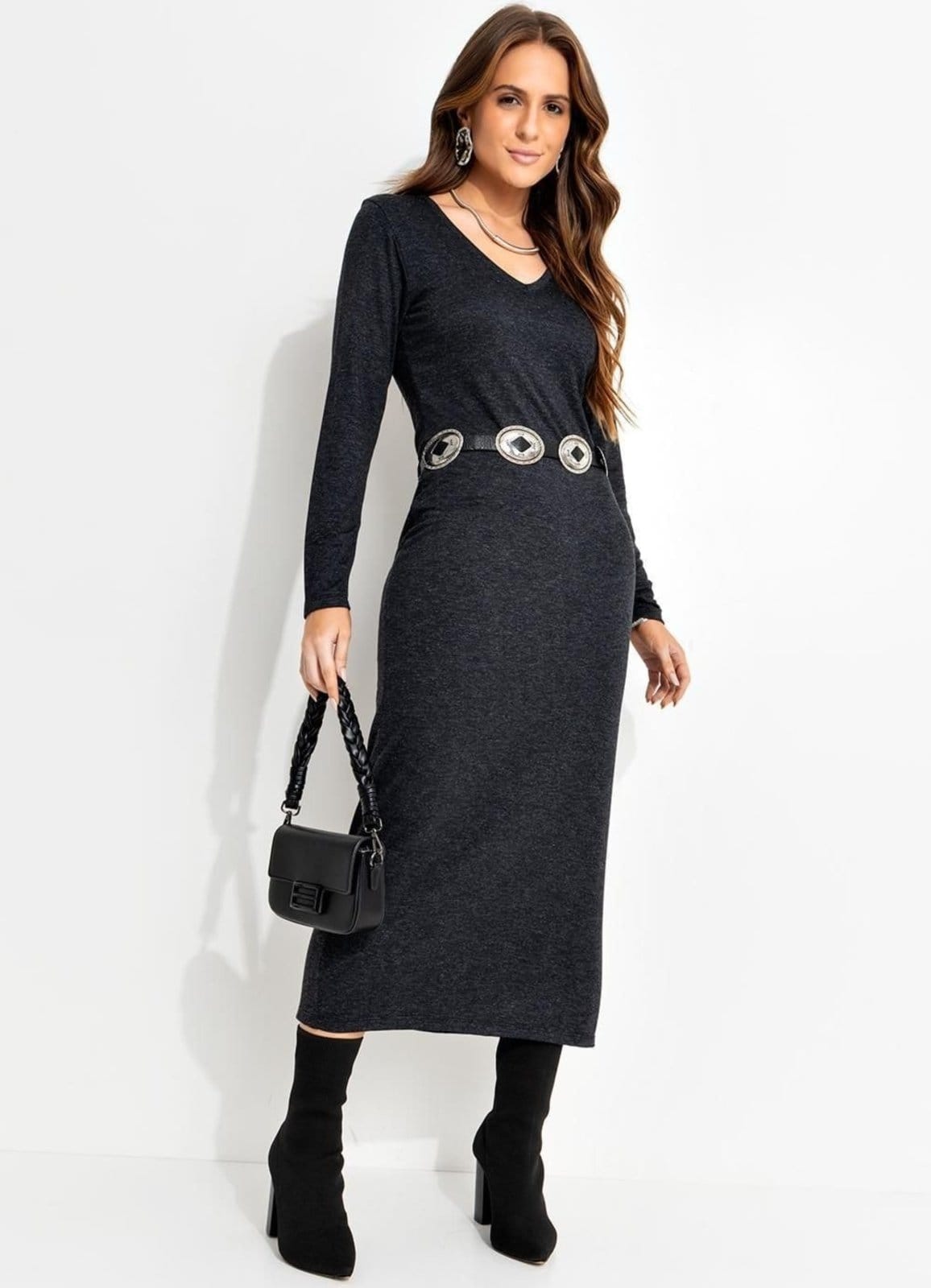 Vista principal Vestido Feminino Mescla Escuro Em Moletinho De Viscose Quintess cinza