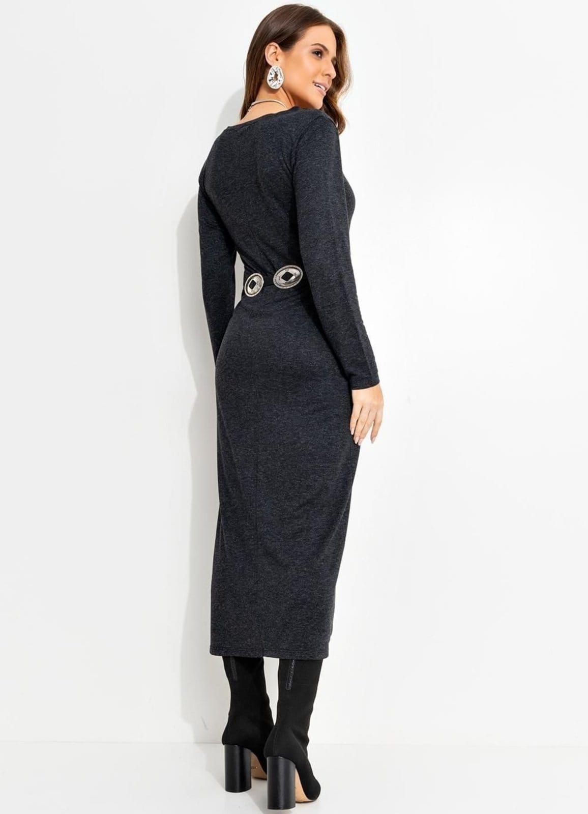 Vista 2 Vestido Feminino Mescla Escuro Em Moletinho De Viscose Quintess cinza