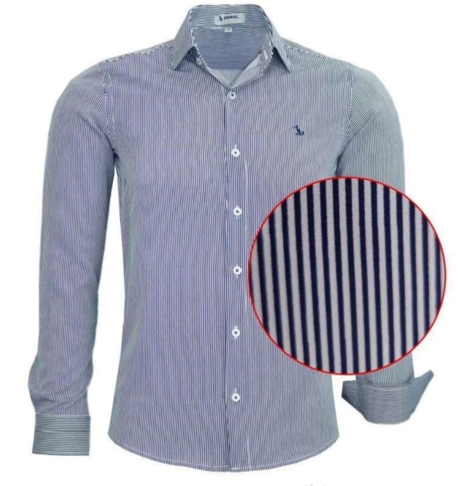 Camisa Social Amil Slim Lisrada Loan Poliéster com Elastano Macia Fácil de Passar M/Longa Luxo Marinho