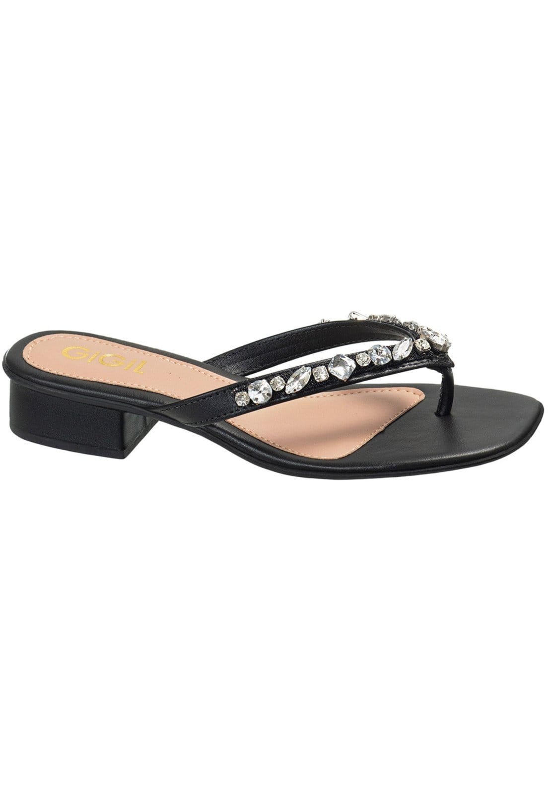 Sandália Feminina GiGiL Rasteirinha de Dedo Flip Flop Pedraria Salto Baixo Bico Quadrado Confortável