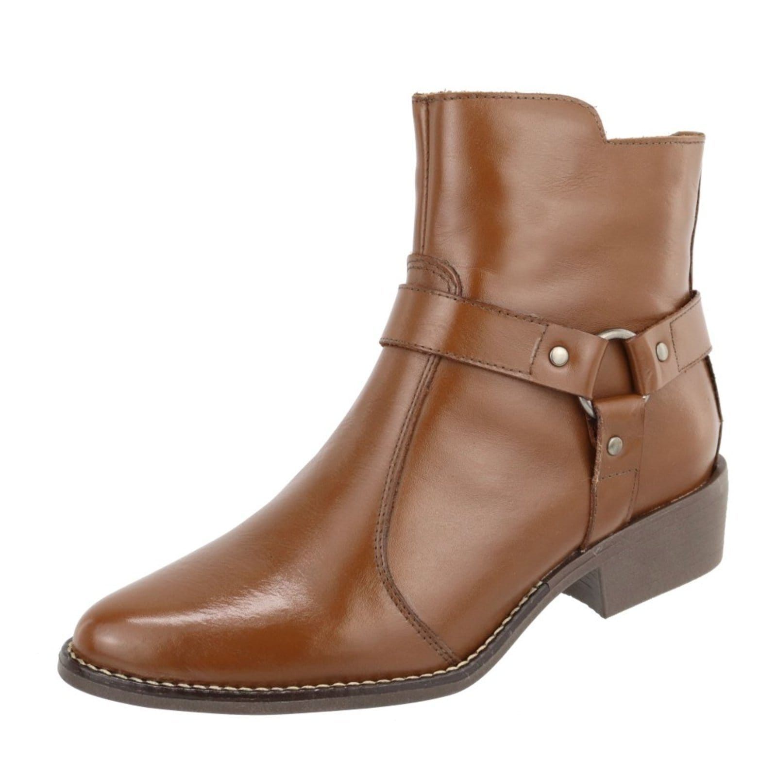 Vista principal Bota em Couro Feminina Cano Baixo Bico Fino Conhaque TELLINI STORE caramelo