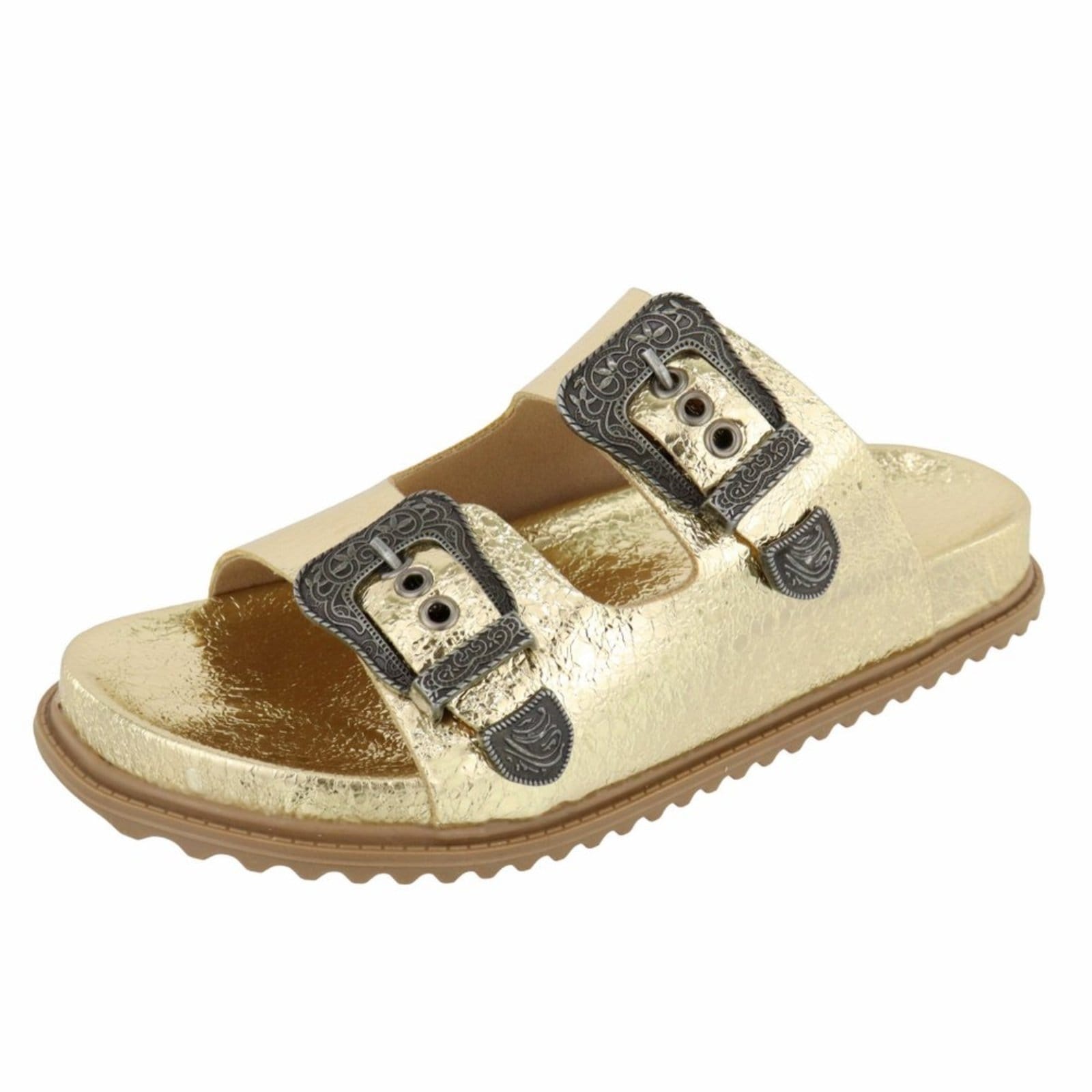 Vista principal Papete Rasteira Feminina Paula B Com Fivela Estilo Retro Palmilha Confort PAULA B dourado