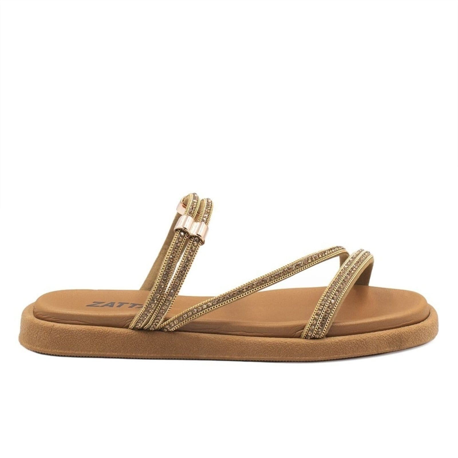 Sandália Zatta Feminina Rasteira Flat Brilho Tania Caramelo