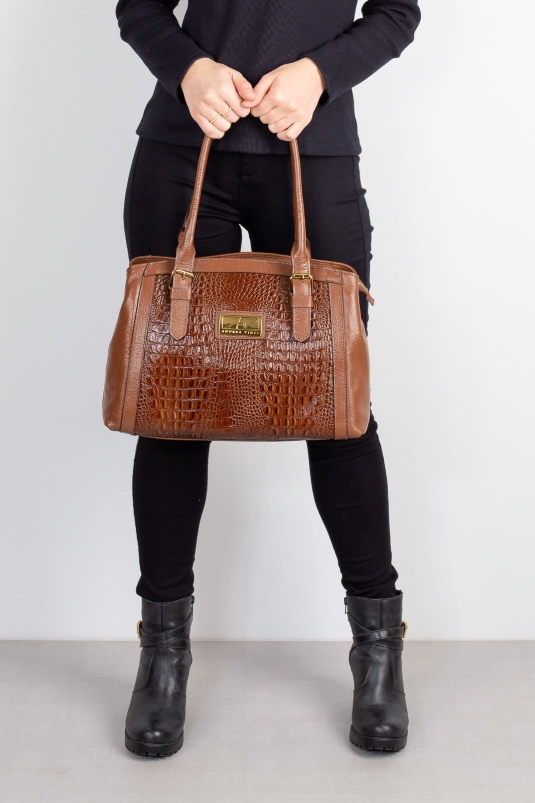 Vista 2 Bolsa de ombro em couro croco Sônia - Whisky Andrea Vinci vermelho