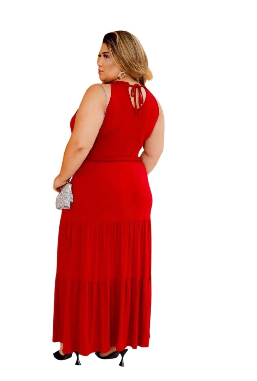 Vista 2 Vestido Longo Plus size Liso Viscolycra Natal Cia do Vestido vermelho/vinho