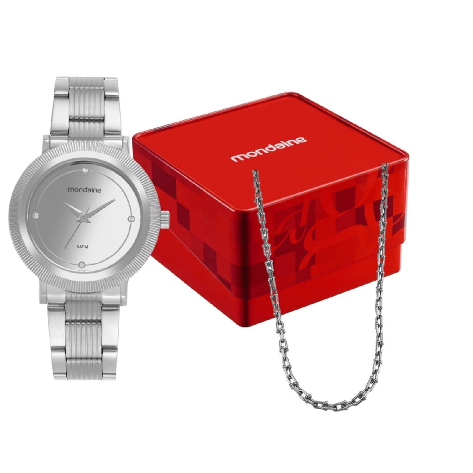 Vista principal Kit Relógio Feminino Espelhado com Colar Mondaine prata