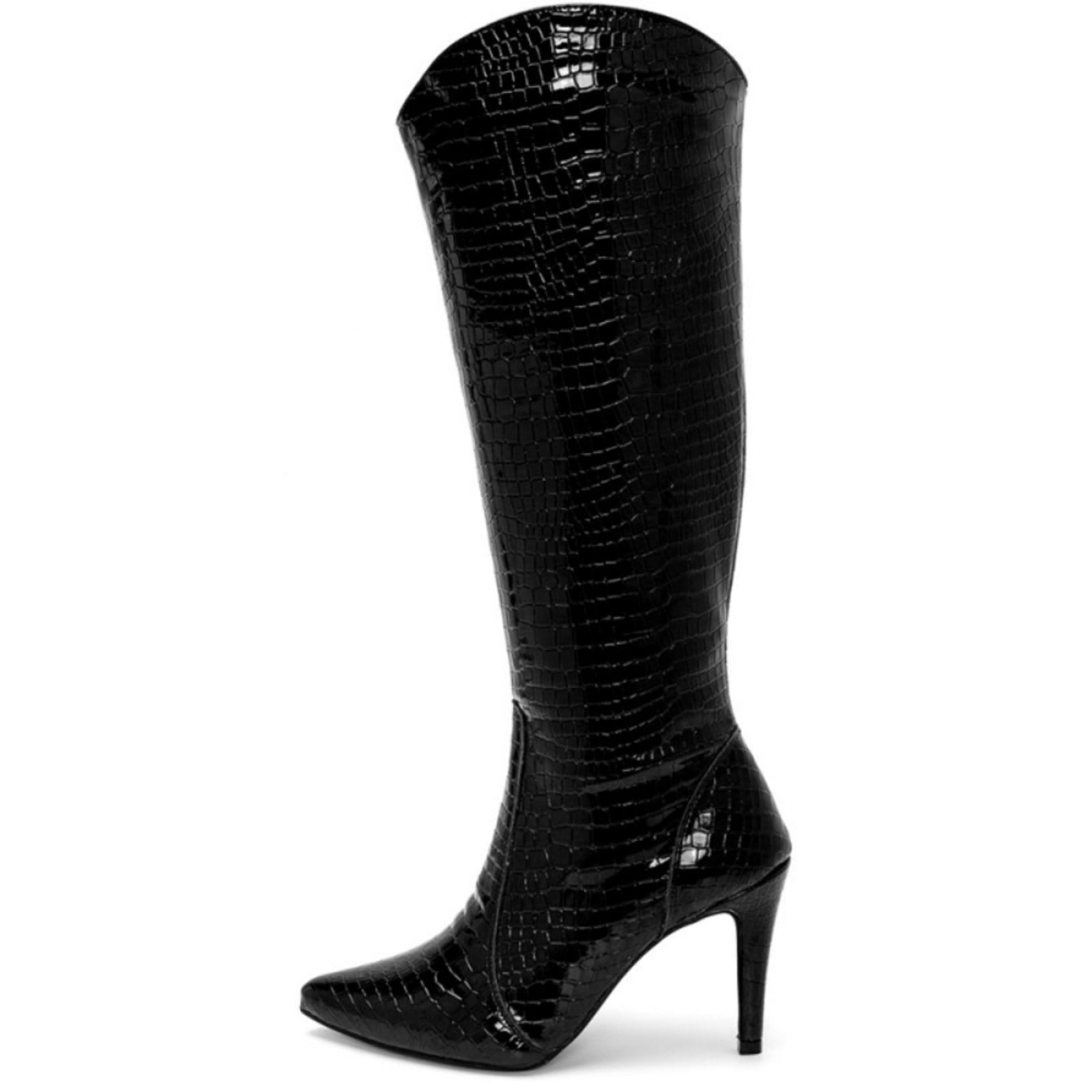 Vista 2 Bota Feminina Cano Alto Salto Fino 1717 Craquelê Verniz Flor da Pele preto