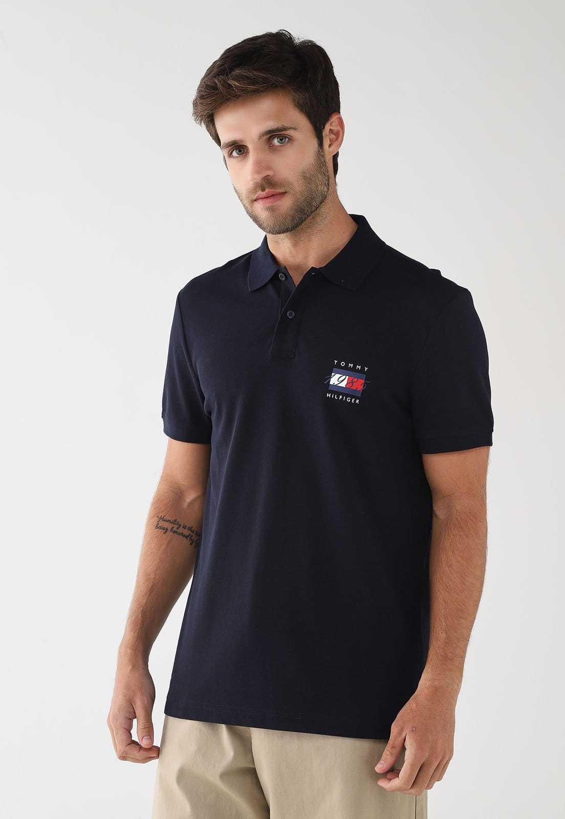 Vista principal Camisa Polo Masculina Tommy Hilfiger Mercerized Pique Tommy Hilfiger azul marinho