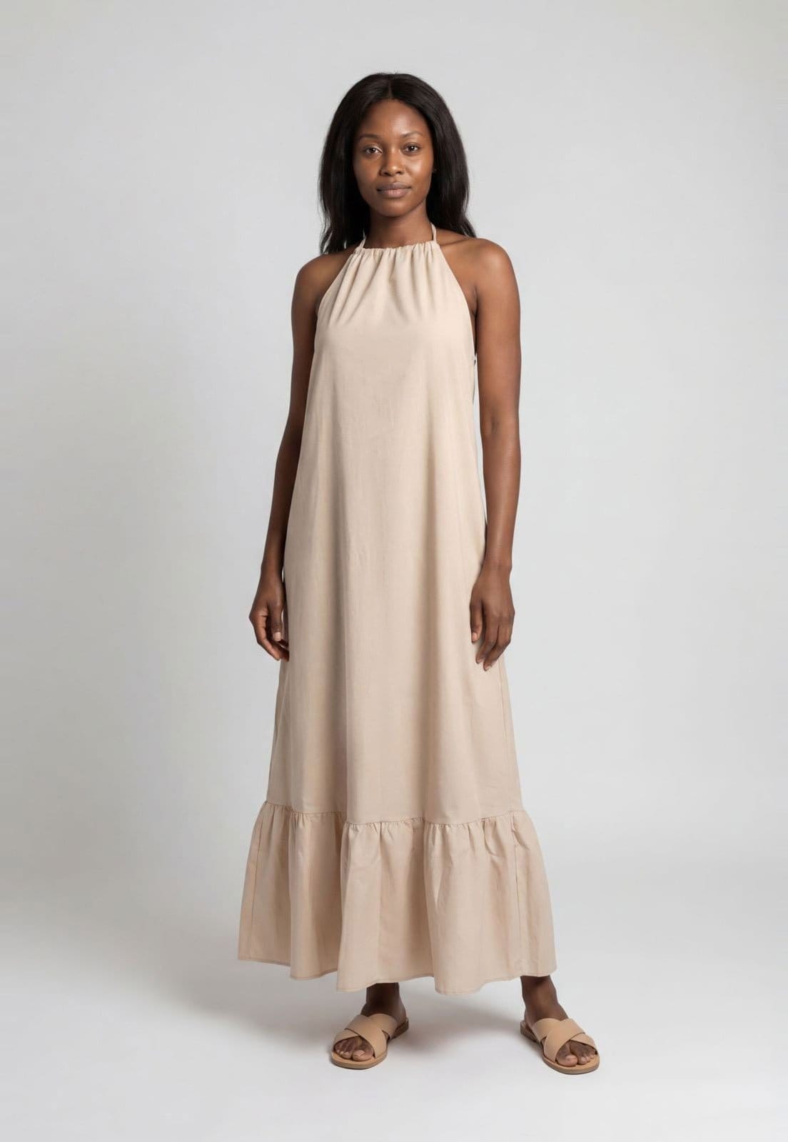 Vista principal Vestido Feminino Lança Perfume Decote Halter Babados Lança Perfume bege