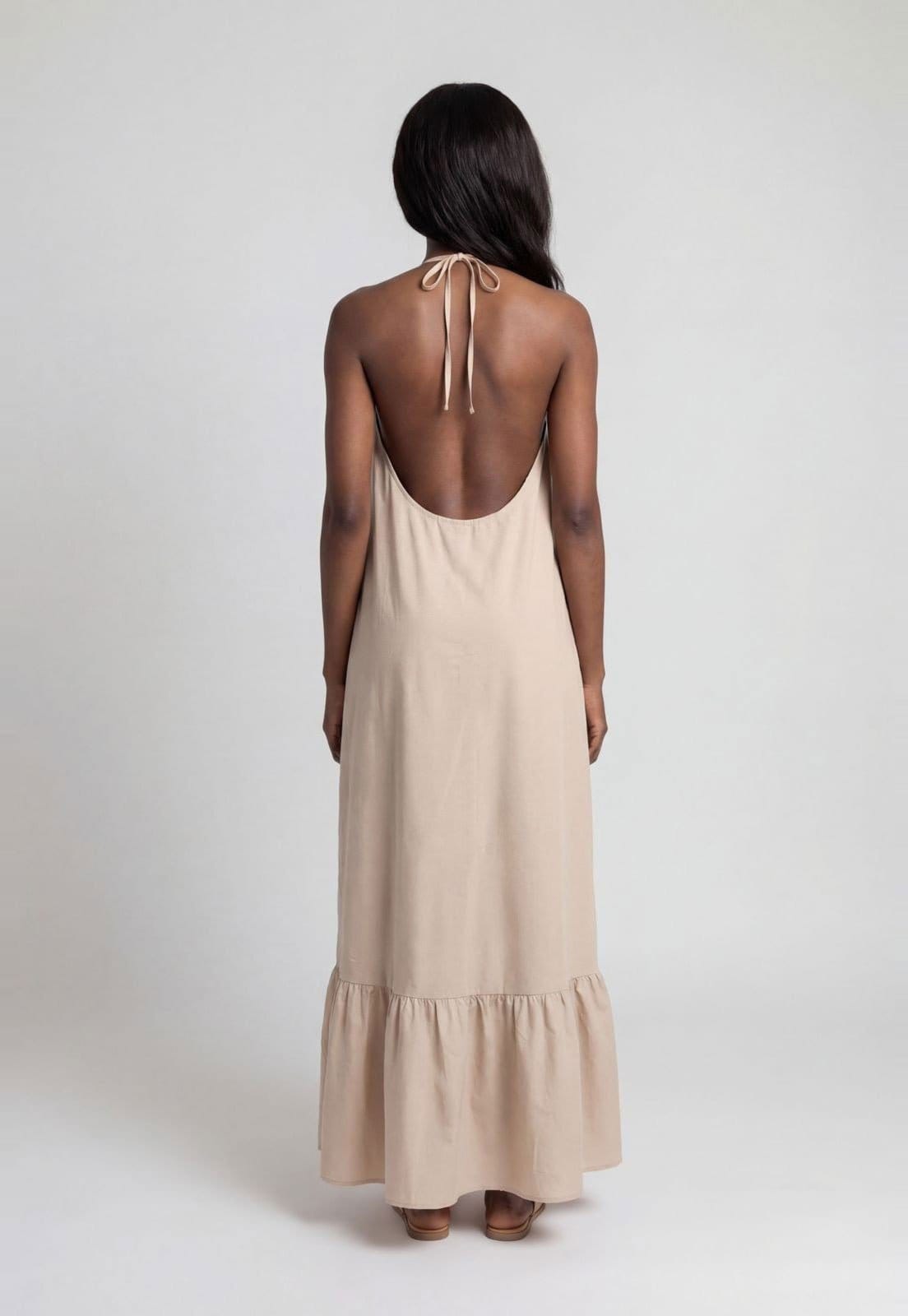 Vista 2 Vestido Feminino Lança Perfume Decote Halter Babados Lança Perfume bege