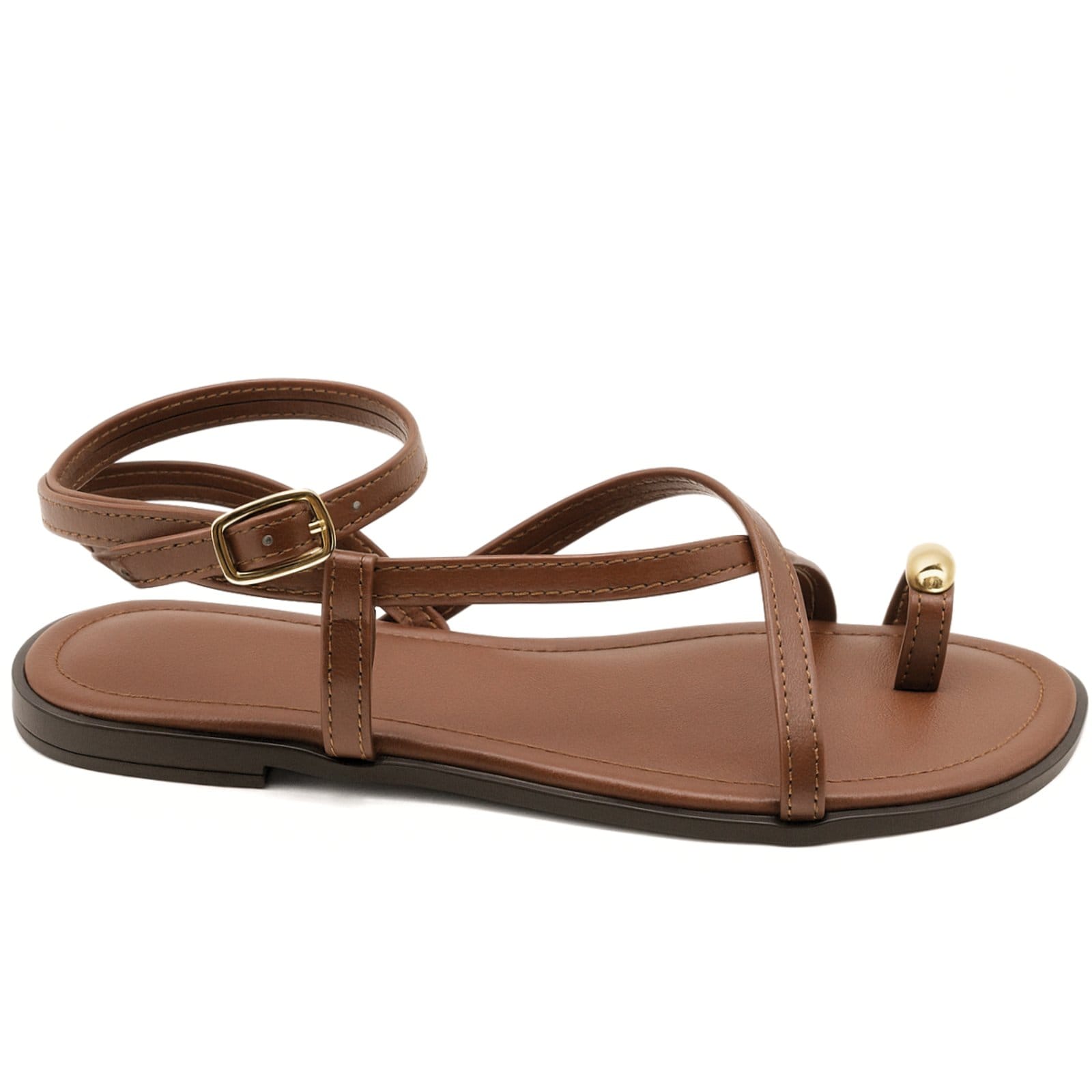 Vista 2 Sandália Rasteira Tiras Finas Cruzadas Detalhe Ring Toe Minimalista Chic Cacau 307 Sete Sales marrom