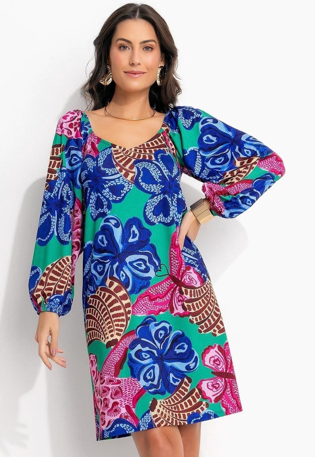 Vista principal Vestido Em Malha Fria Tropical Borboleta Quintess verde