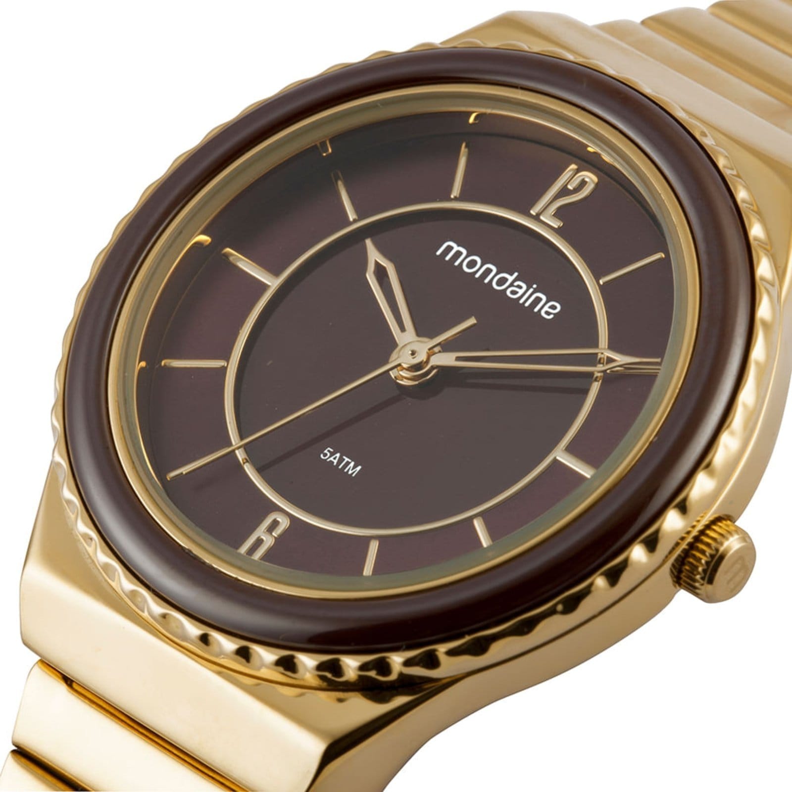 Vista 2 Relógio Feminino Caixa Media Catraca em Ceramica Marrom Mondaine dourado