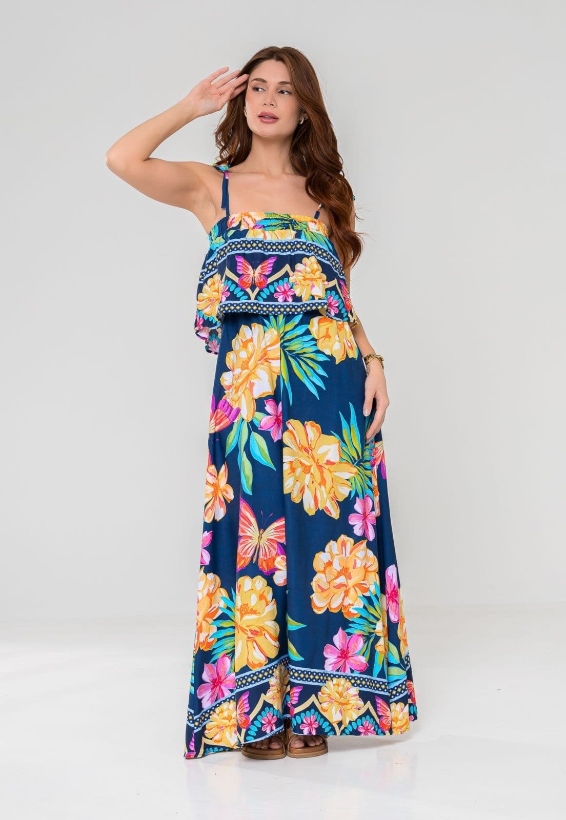 Vista principal Vestido Aura Vitória Viscose Borboleta Aura azul