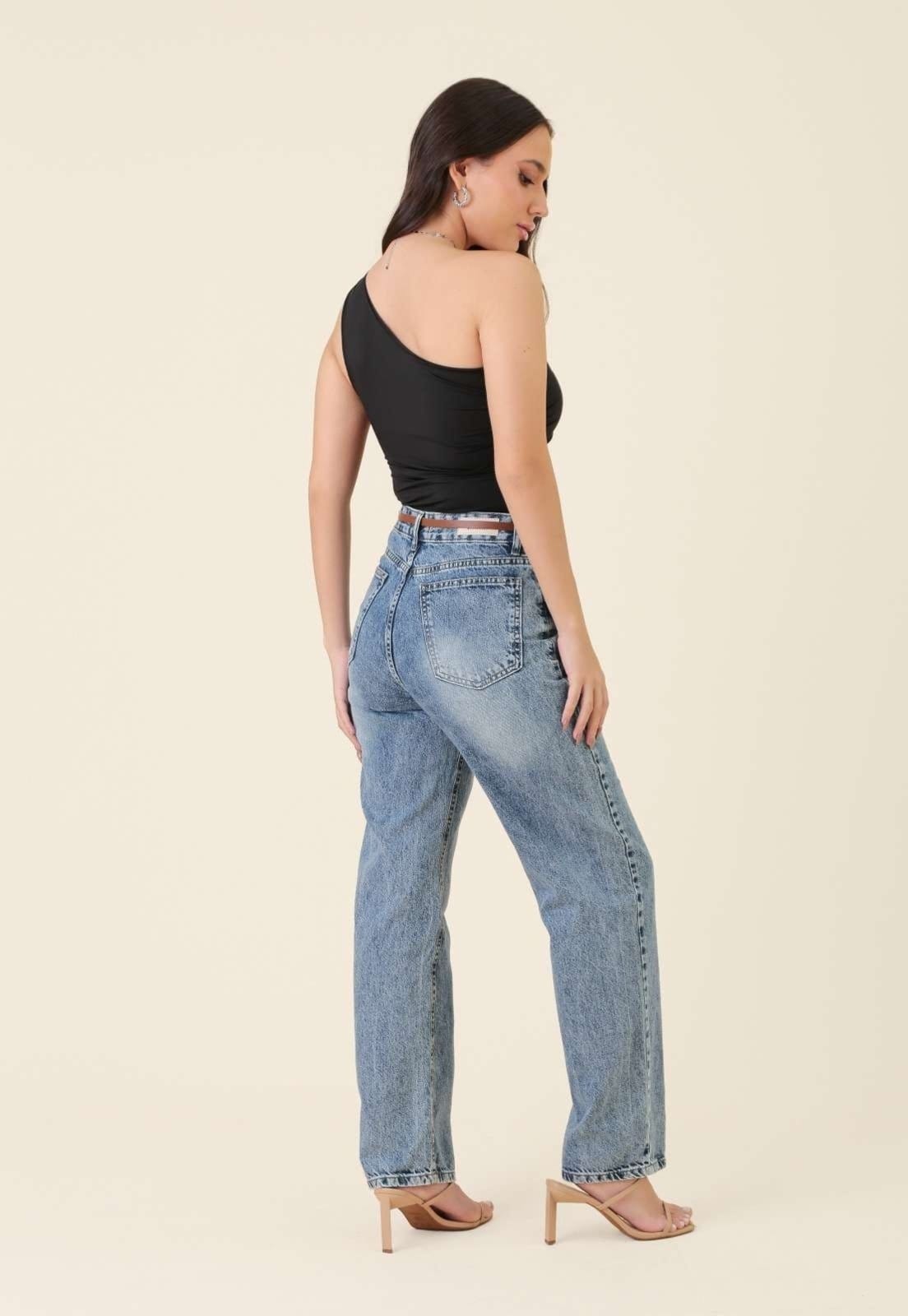 Vista 2 Calça Pop Me Mom Jeans Com Cinto Médio Pop Me azul