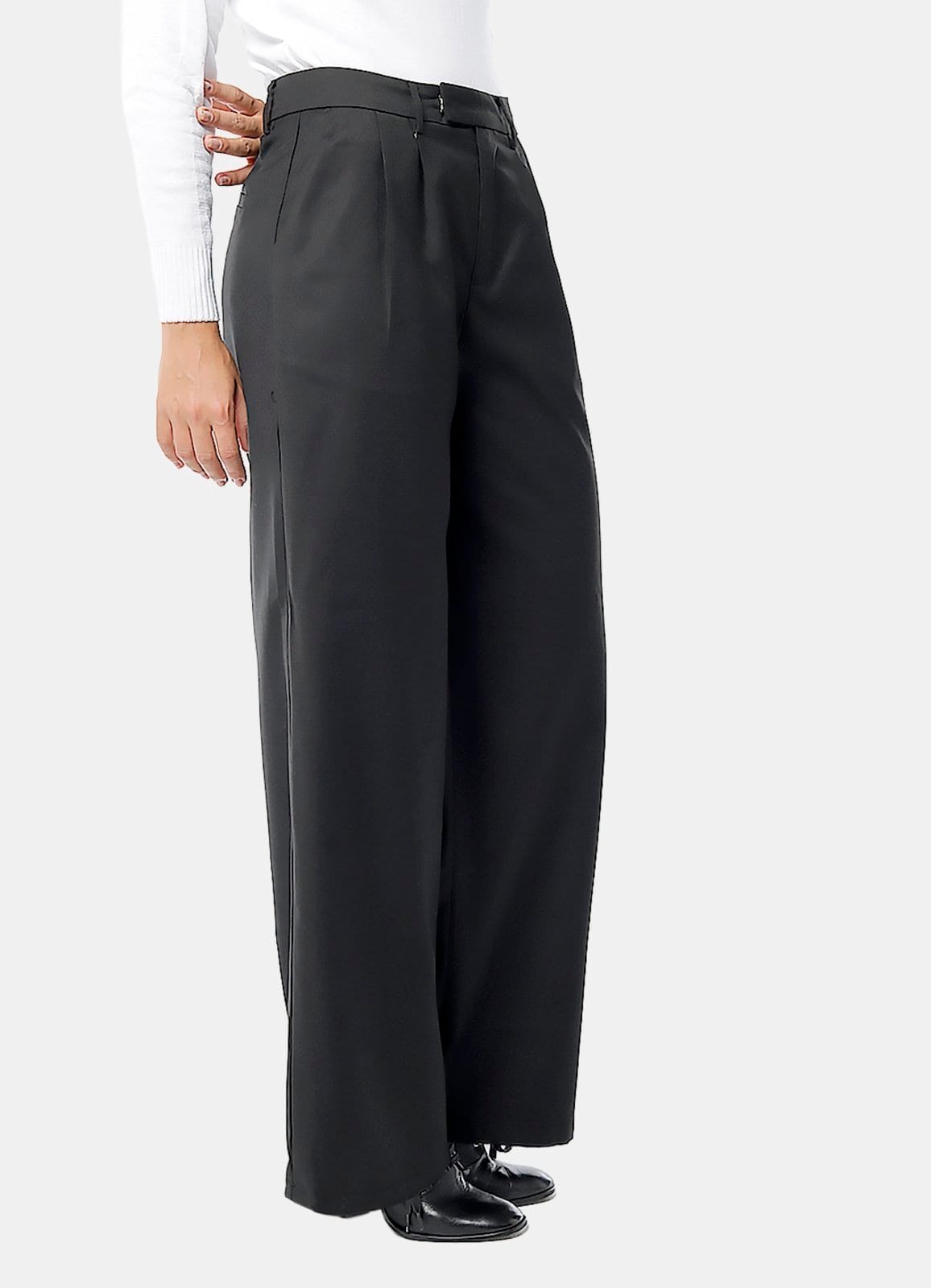 Vista 2 Calça de Pregas Preta Sob Cintura Alta em Viscose com Elastano SOB preto