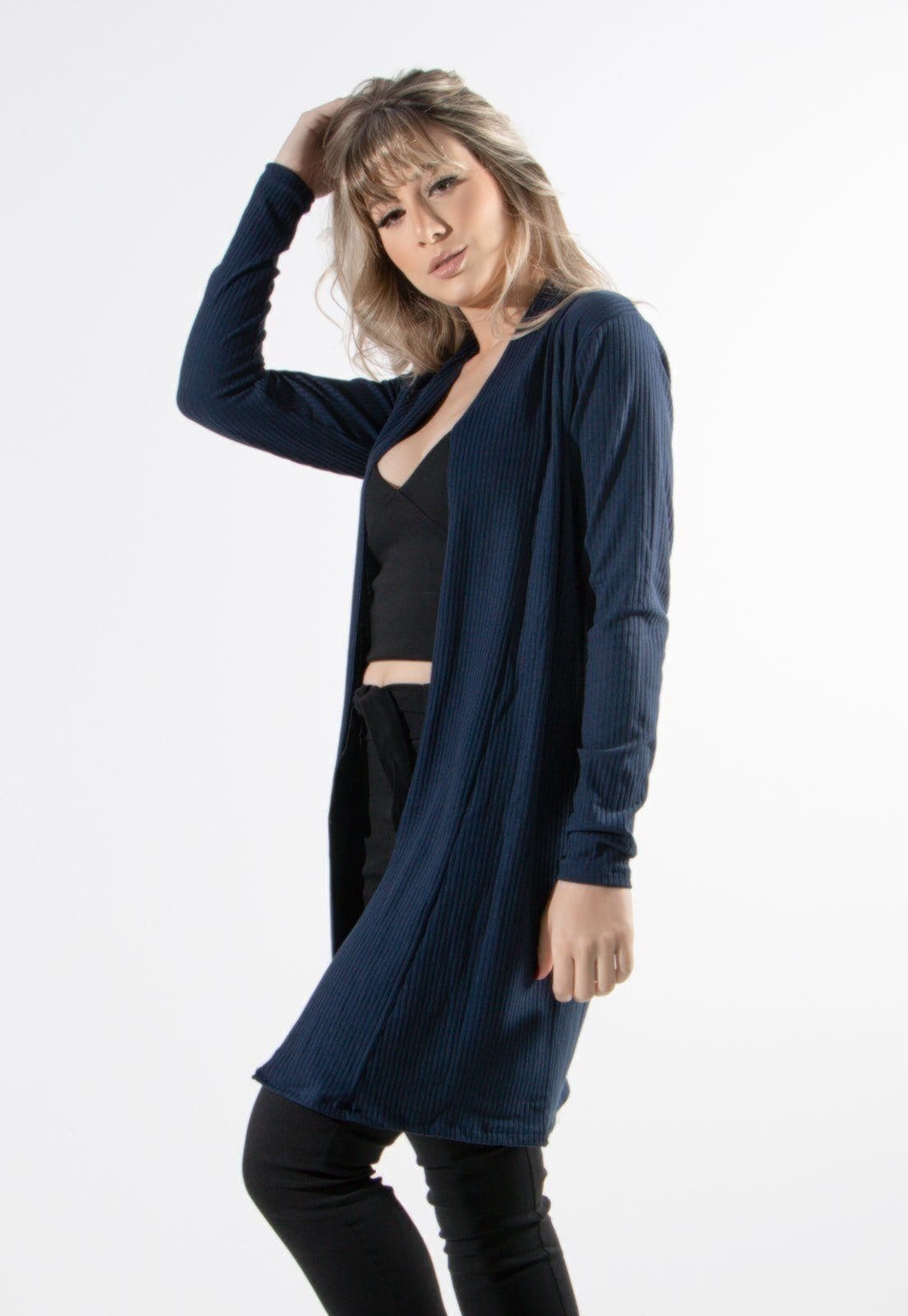 Vista 2 Cardigan Kimono Vekyo Canelado Marinho VEKYO multicolorido