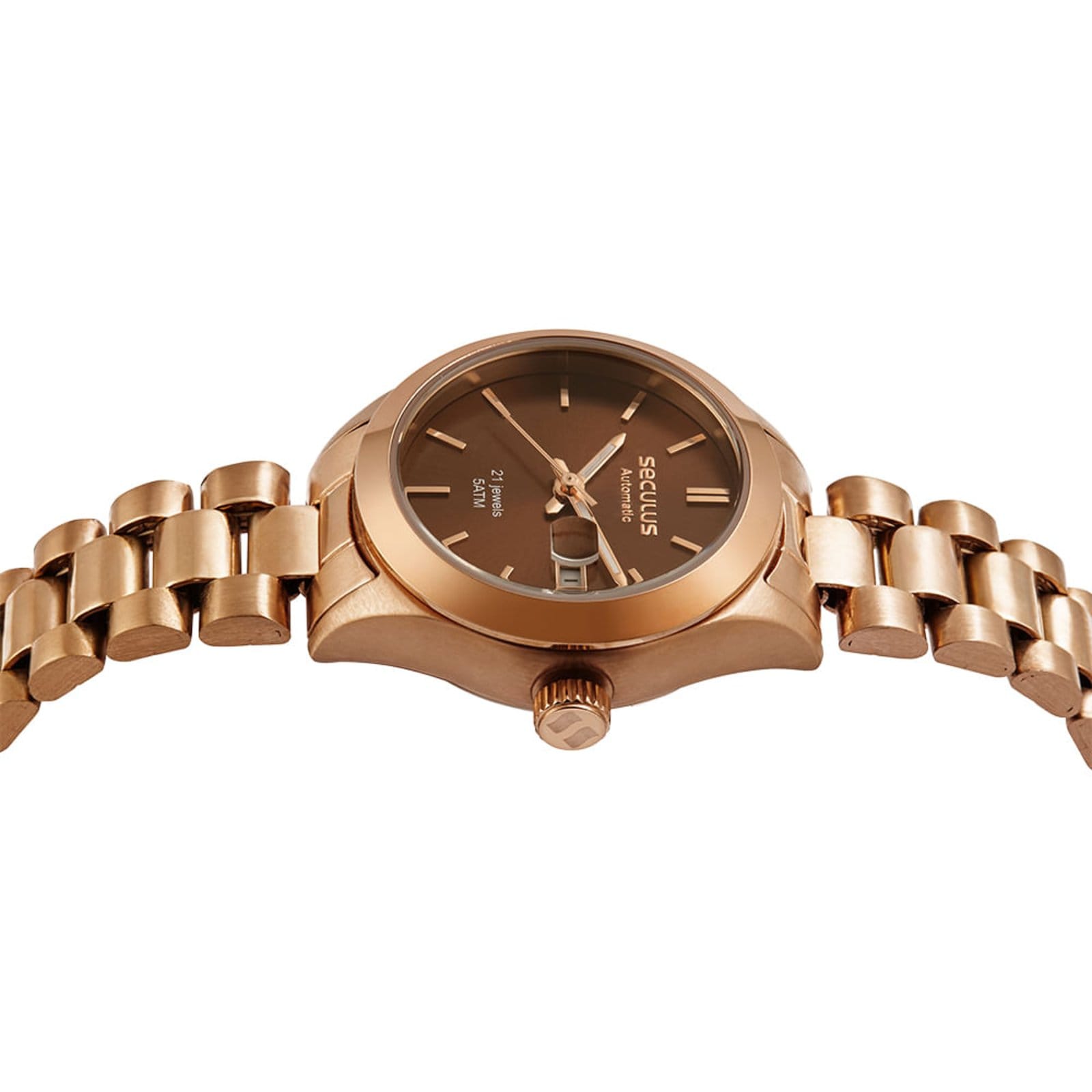 Vista 2 Relógio Feminino Aço Marrom Automático 28mm 5 ATM Index Seculus rosa