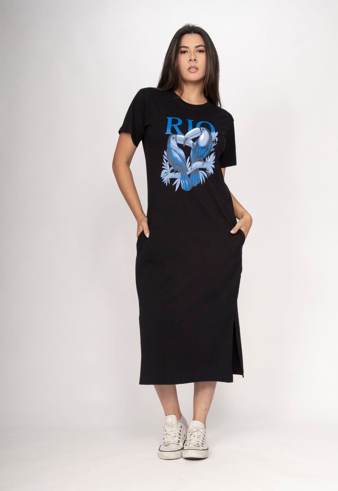 Vista principal Vestido CabanaFree Midi Algodão Manga Curta Araras RIO Sombra da Mata Cabanafree preto