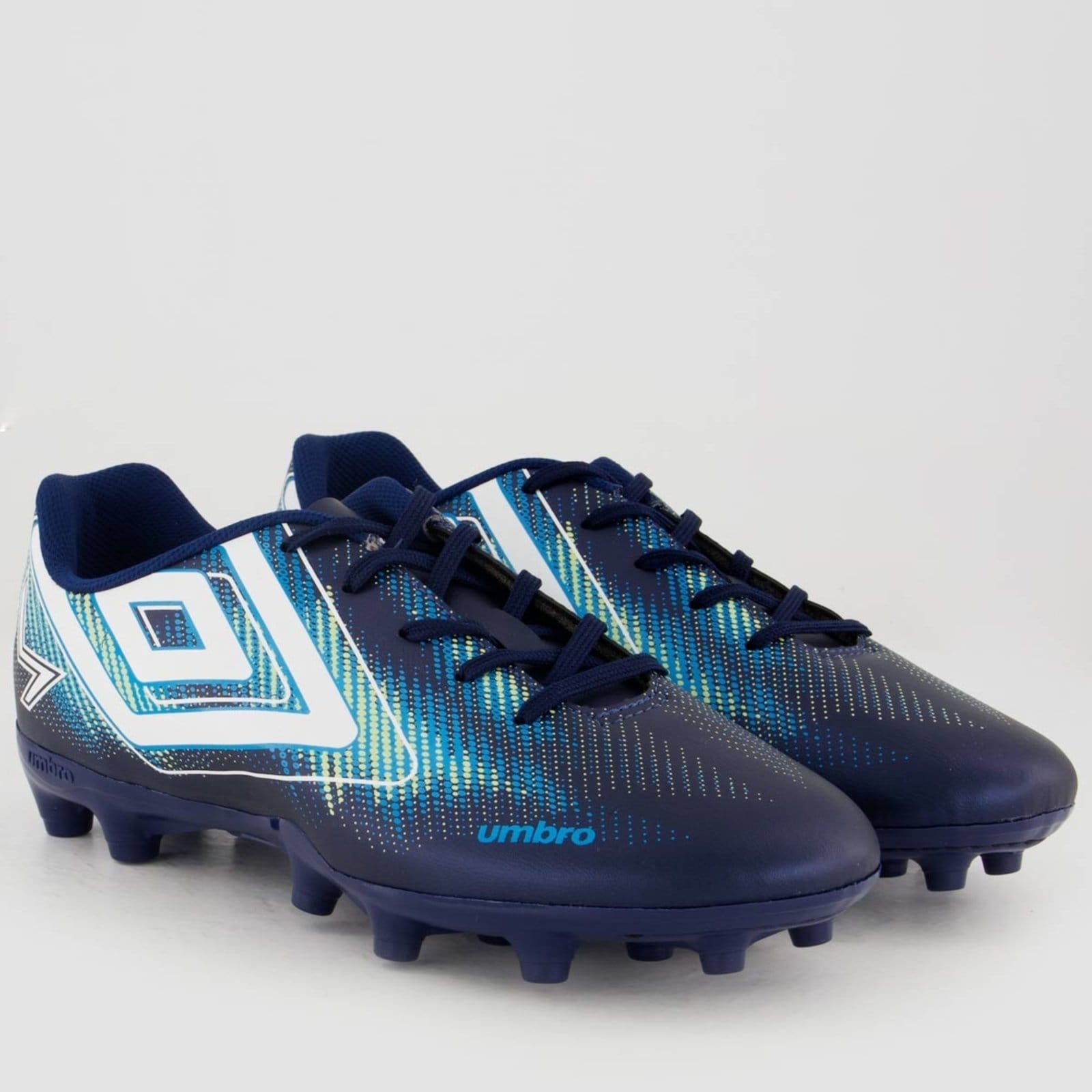 Vista 2 Chuteira Umbre Hearmap Campo Marinho e Branca Umbro azul marinho