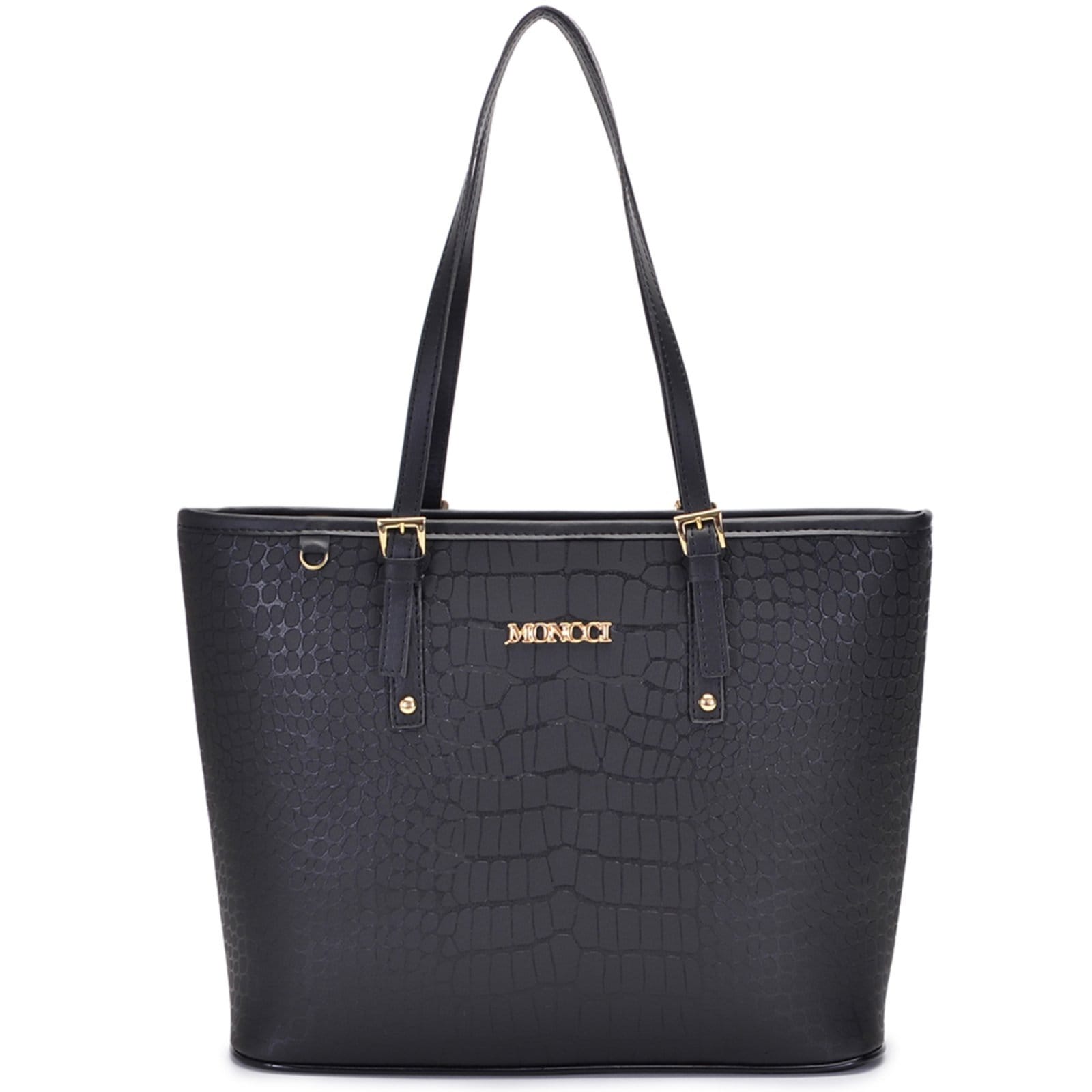 Vista principal Bolsa Feminina Moncci Grande Ombro Forrada Fivela Roma Croco Preta MONCCI preto