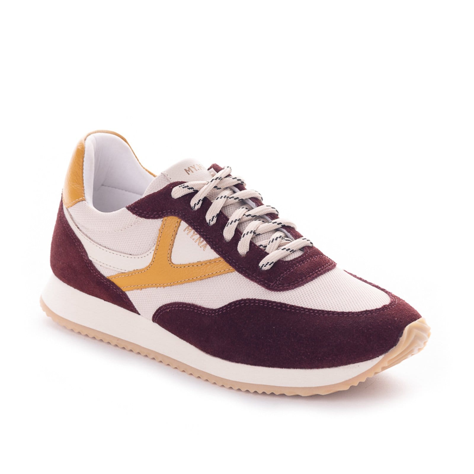 Vista principal Tênis MY.NA Y9 Couro Legítimo Off White com detalhes em Bordô e Amarelo MY.NA off-white white