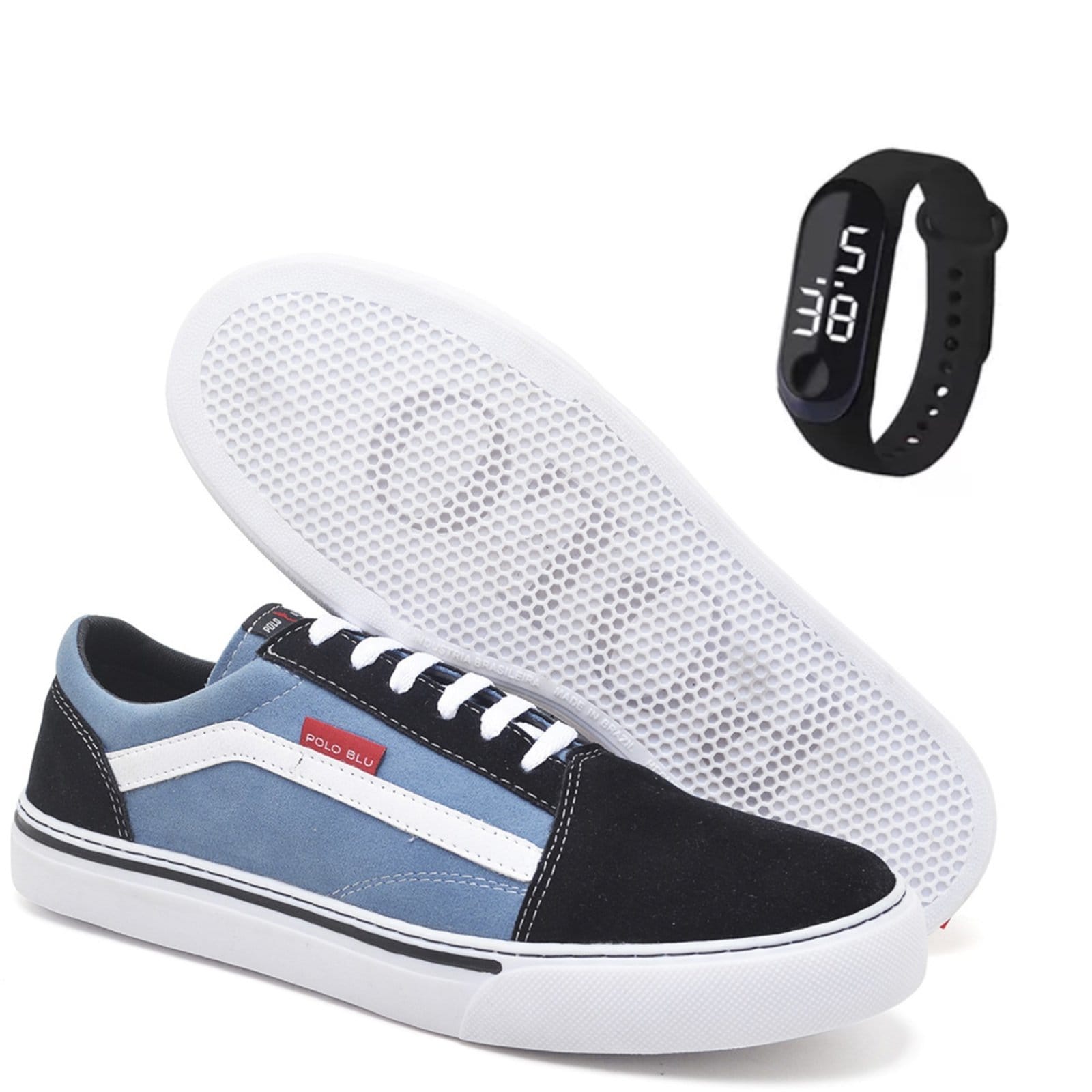 Tênis Masculino Casual Esportivo Azul com Relógio Digital Kit