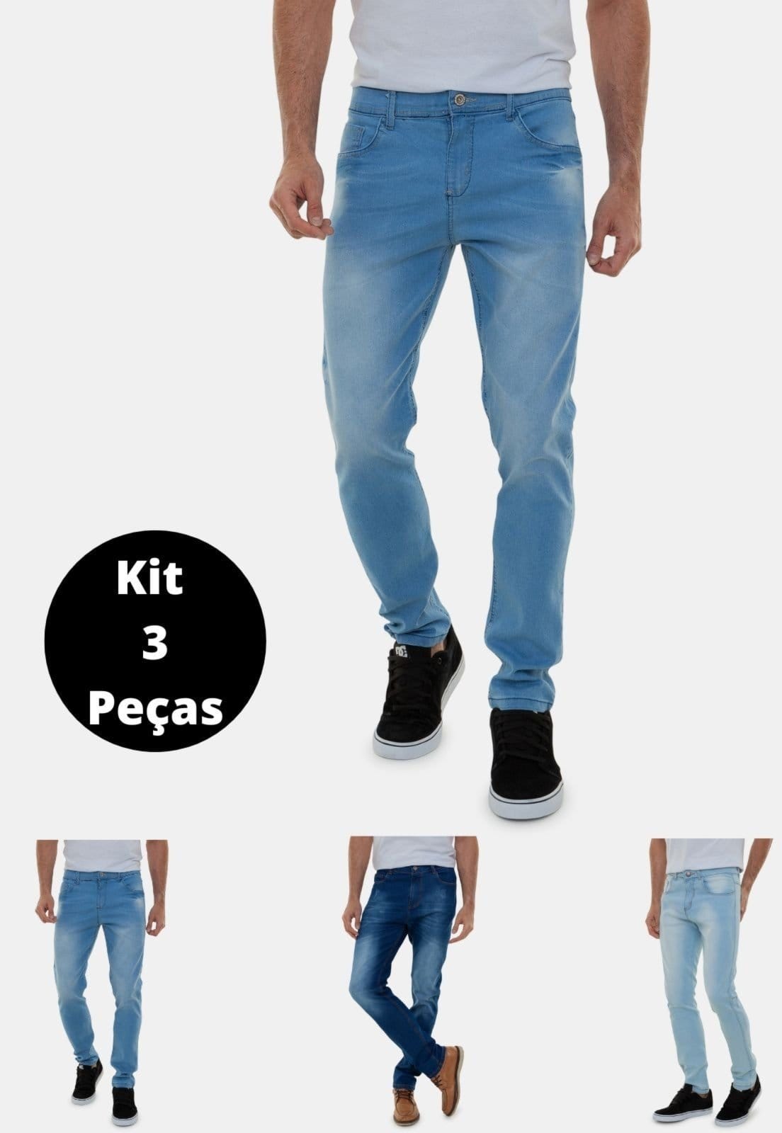 Kit 3 Calças Jeans Masculinas Lavagens Diferentes Claras Premium San Diego