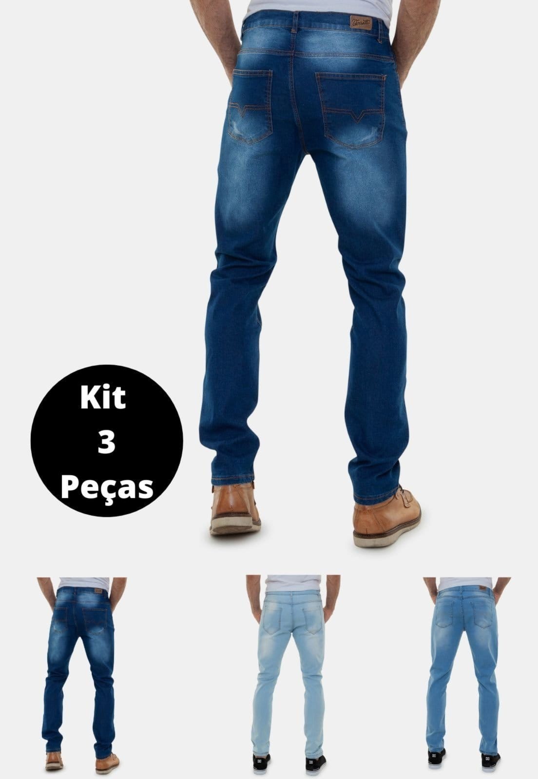 Vista 2 Kit 3 Calças Jeans Masculinas Lavagens Diferentes Claras Premium San Diego Versatti Jeans azul
