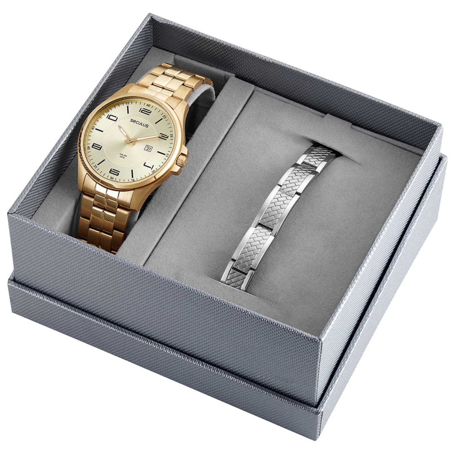 Vista principal Kit Relógio Seculus Masculino Analógico Calendário com Bracelete Seculus dourado